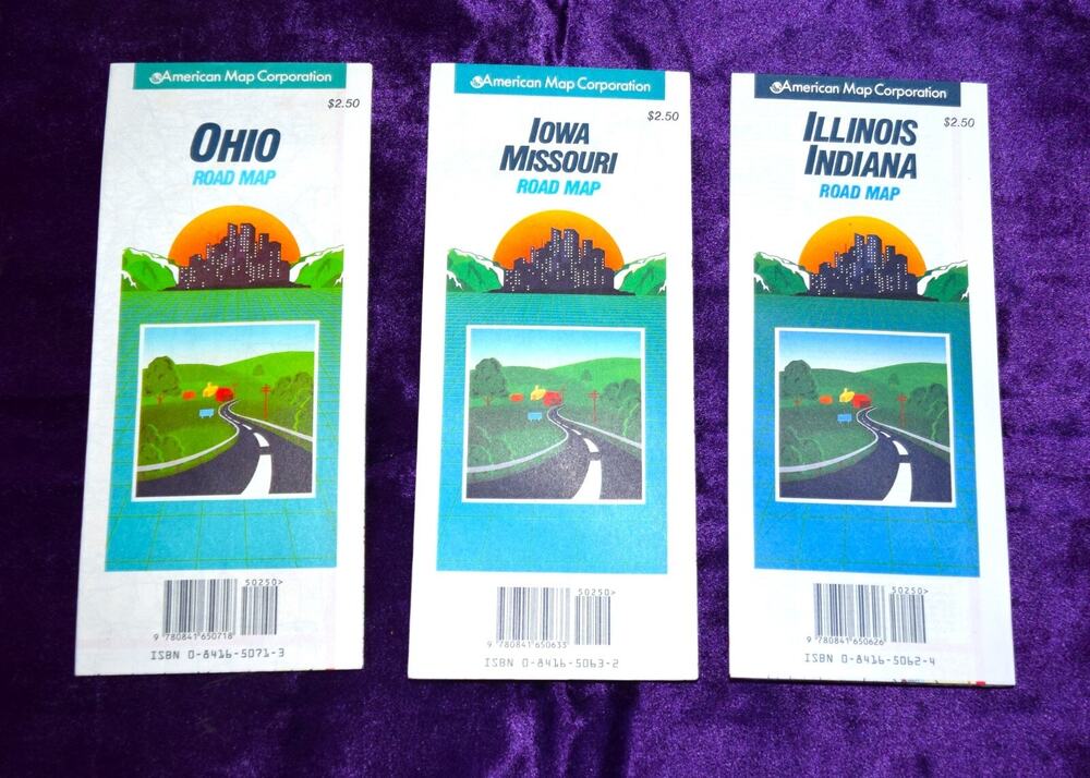 3 Vtg Travel Vision Lithograph Road Maps Ohio/Lowa Missouri/Illinois Indiana New